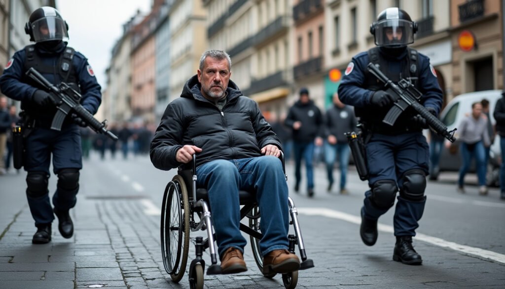 à strasbourg, une vidéo montre des policiers poursuivre un homme en fauteuil roulant pendant le blocus.