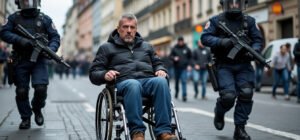 à strasbourg, une vidéo montre des policiers poursuivre un homme en fauteuil roulant pendant le blocus.