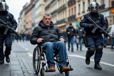 à strasbourg, une vidéo montre des policiers poursuivre un homme en fauteuil roulant pendant le blocus.